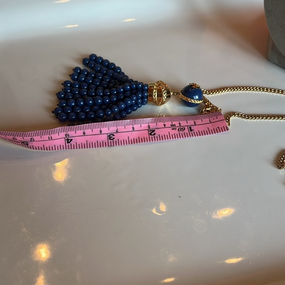 Tory Burch Gold and Blue Beaded Tassel Necklace - Picture 6 of 10